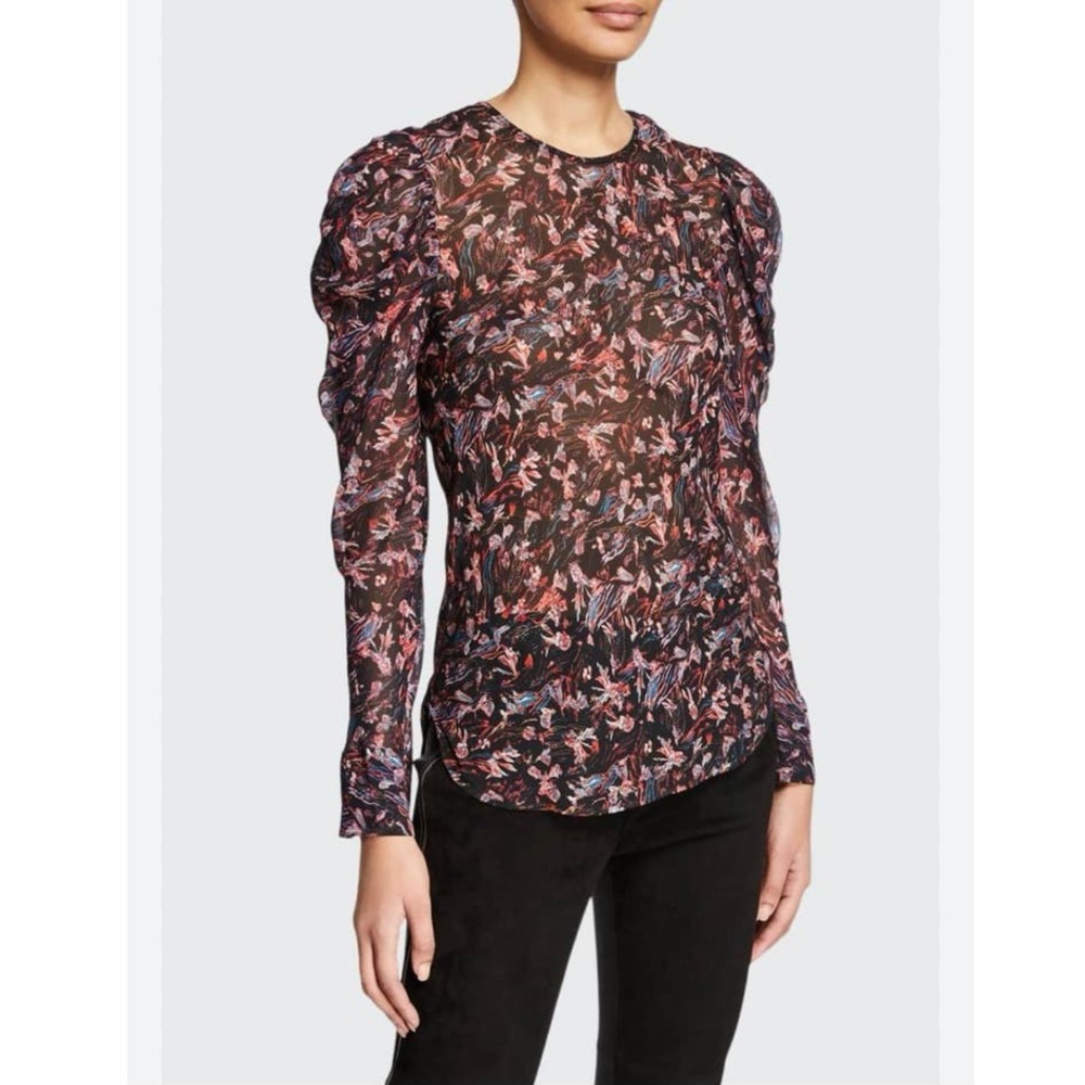 IRO Lou Printed Crewneck Ruched-Sleeve Top
